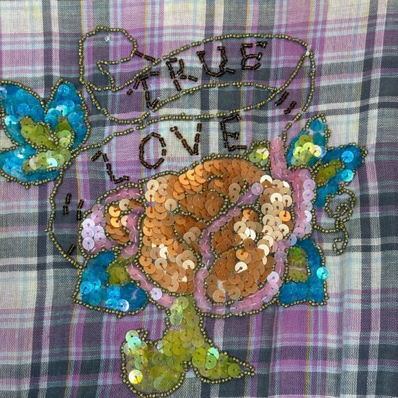 Patchwork Plaid Embroidered Sequin Top Shirt Button Down Purple Small - Picture 4 of 10